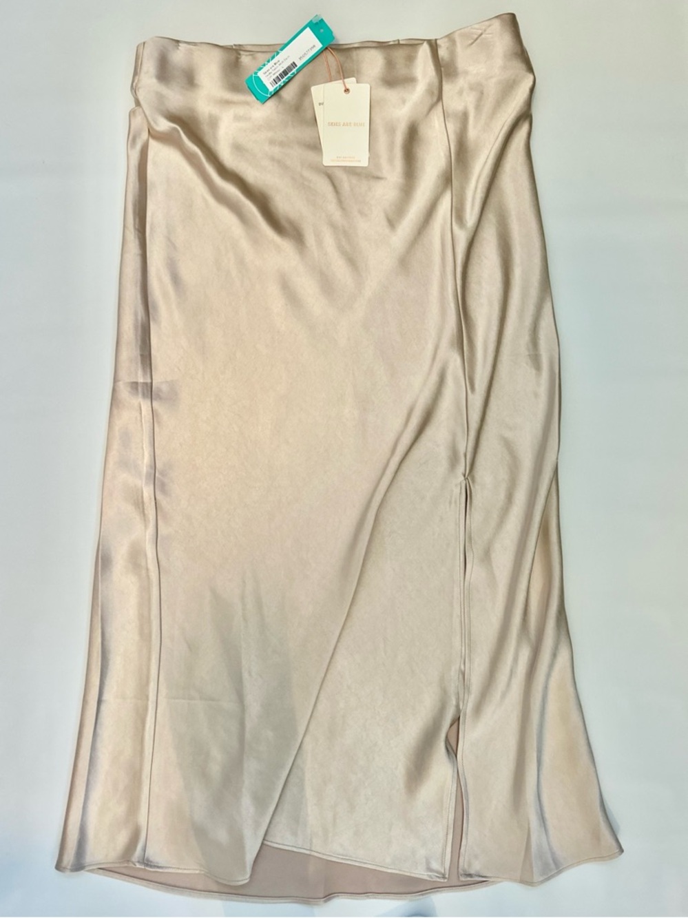 Skies Are Blue Satin Bias‑Cut Midi Skirt Beige Size L NWT